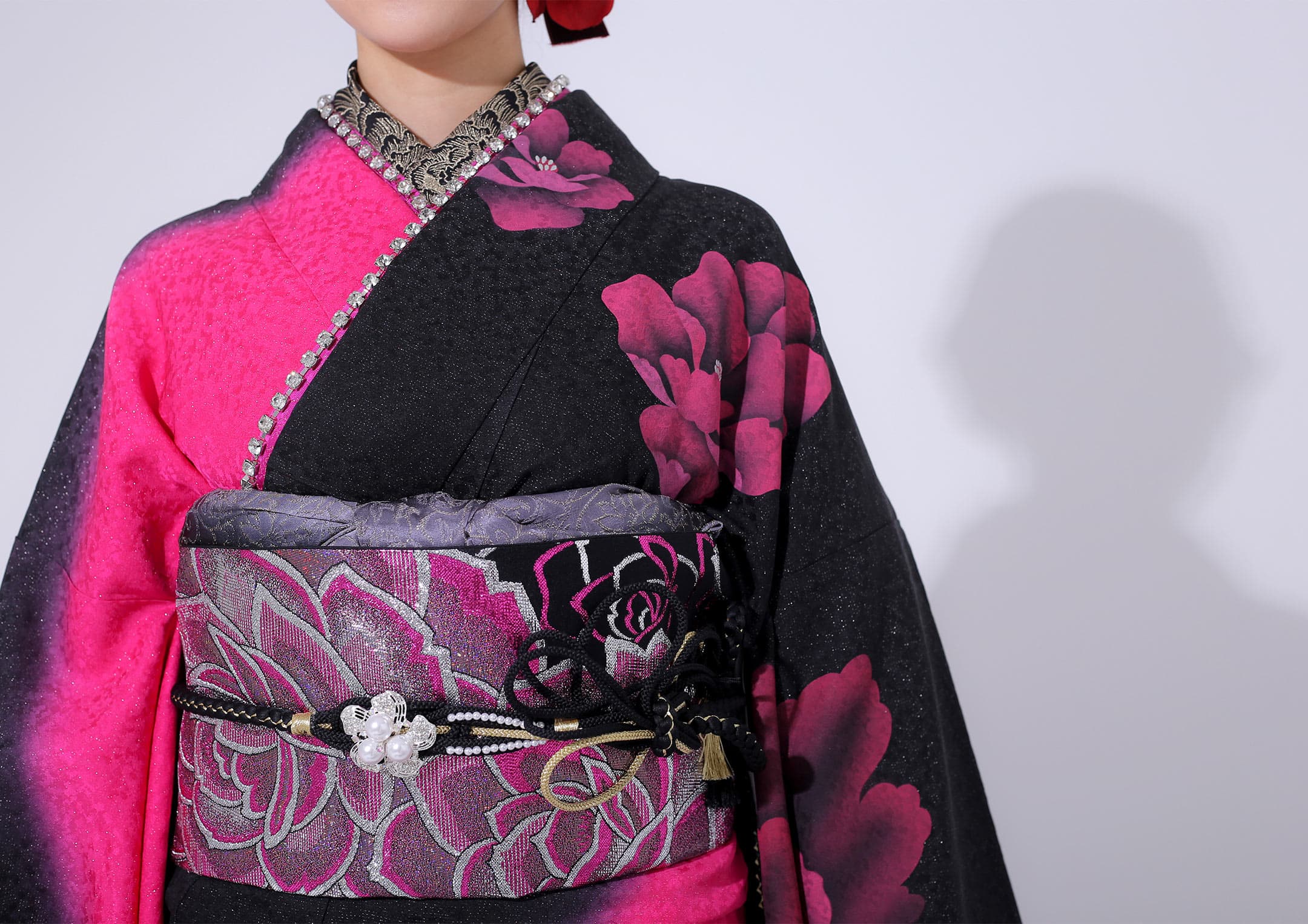 くみこさま専用】振袖セット 美品 ピンク×黒 バラ かわいい 振袖ネット