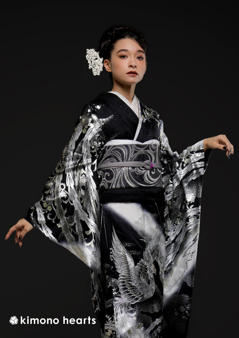 黒ラメシルバー クール系月下美人振袖フルセット 黒ラメシルバークール