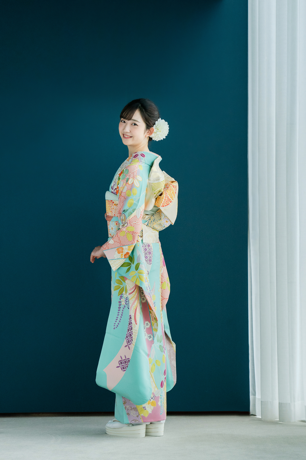 最高級の京友禅振袖レンタル】吉祥鳳凰 MLサイズ 水色 染め疋田・千總