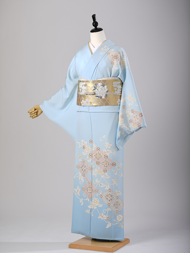 無地振袖 七宝つなぎ 紋意匠 シンプル 青系 身丈167cm 撥水加工済み