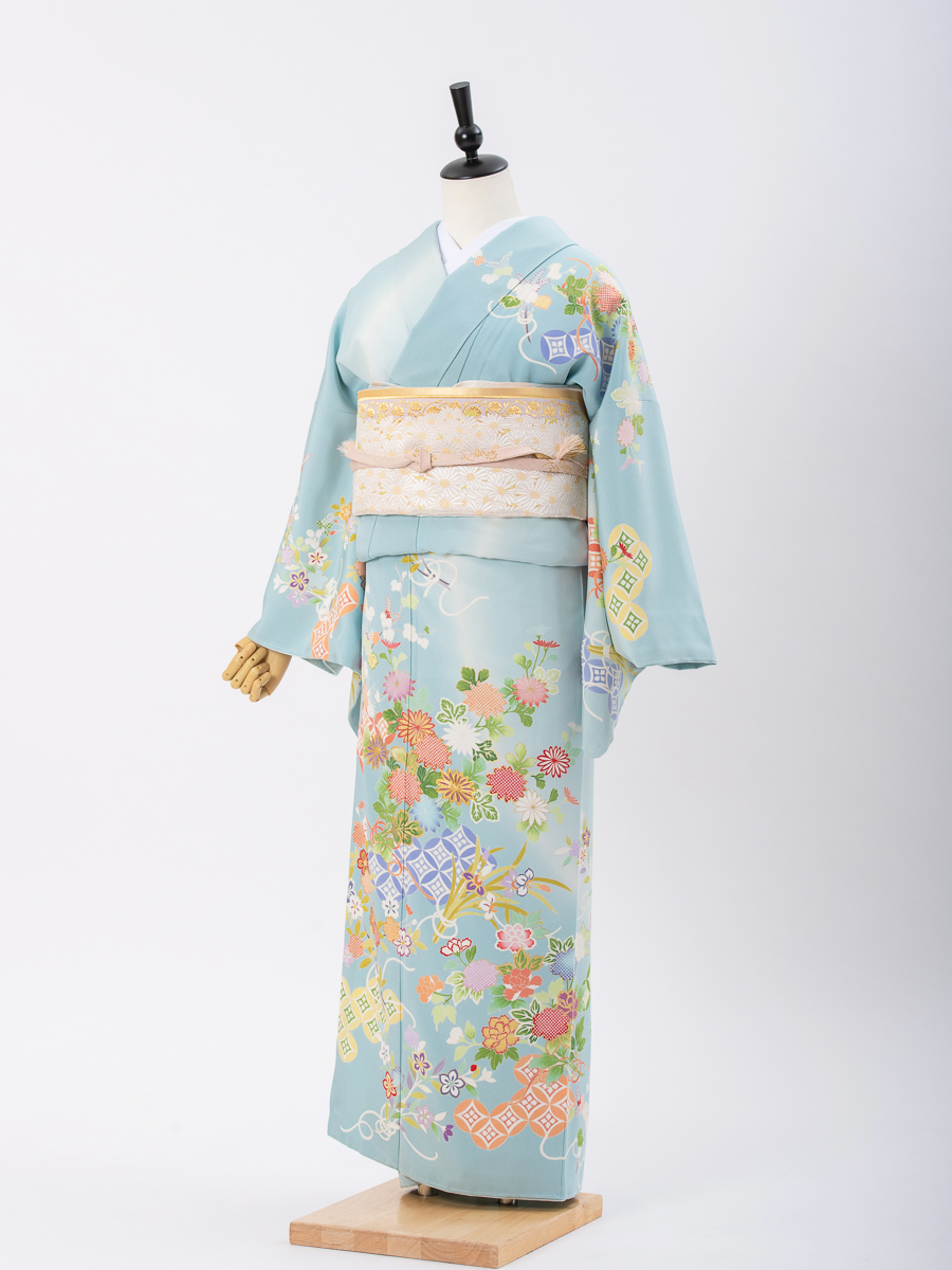 最新 水色 花柄 訪問着 五色染 襦袢付き 水色 花柄 訪問着 五色染 襦袢付き