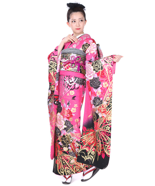 振袖レンタル｜ピンクに薔薇蝶｜F0136｜LL｜宅配着物レンタル・一式
