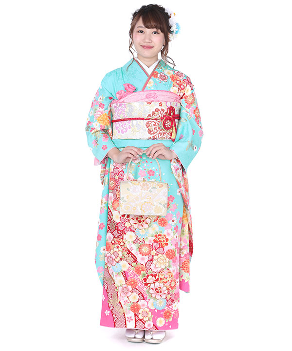 振袖レンタル｜水色にぼかし蝶牡丹｜F0255｜S｜宅配着物レンタル・一式