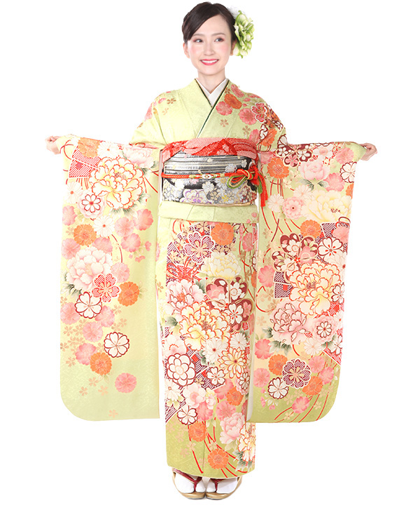 振袖レンタル｜薄黄緑に檜扇桜｜F0405｜L｜宅配着物レンタル・一式フル