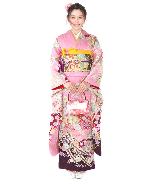 振袖レンタル｜ピンクの雲取り辻が花｜F0412｜L｜宅配着物レンタル
