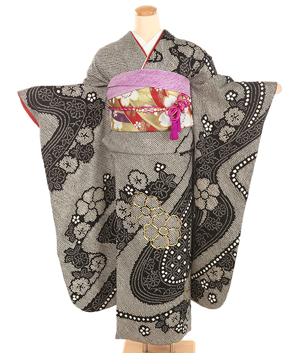 黒絞り入り振袖7点セット□ほぼフルセット身丈168.5cm/成人式