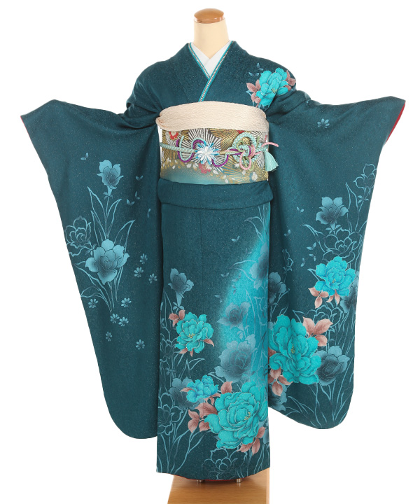振袖レンタル｜青緑に牡丹｜F0459｜3L｜宅配着物レンタル・一式フル