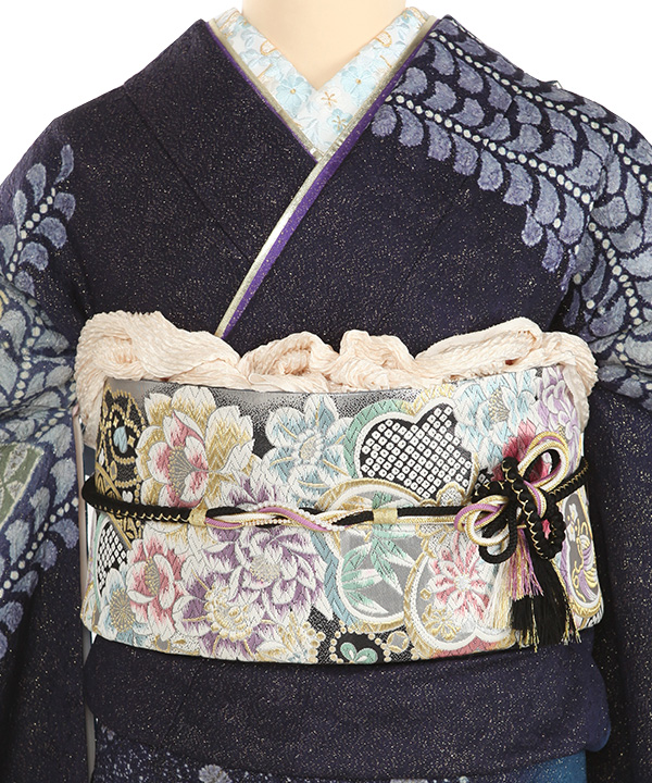 振袖レンタル｜紺に辻が花 刺繍半衿付き長襦袢付き｜F0463｜LL｜宅配