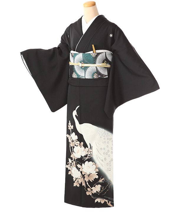 黒留袖レンタル｜孔雀と牡丹に松青海波｜T0030｜L｜宅配着物レンタル