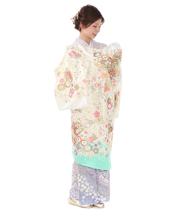 お宮参り産着レンタル 女の子｜白地に水色 鞠や桜 金彩金駒刺繍｜U0162