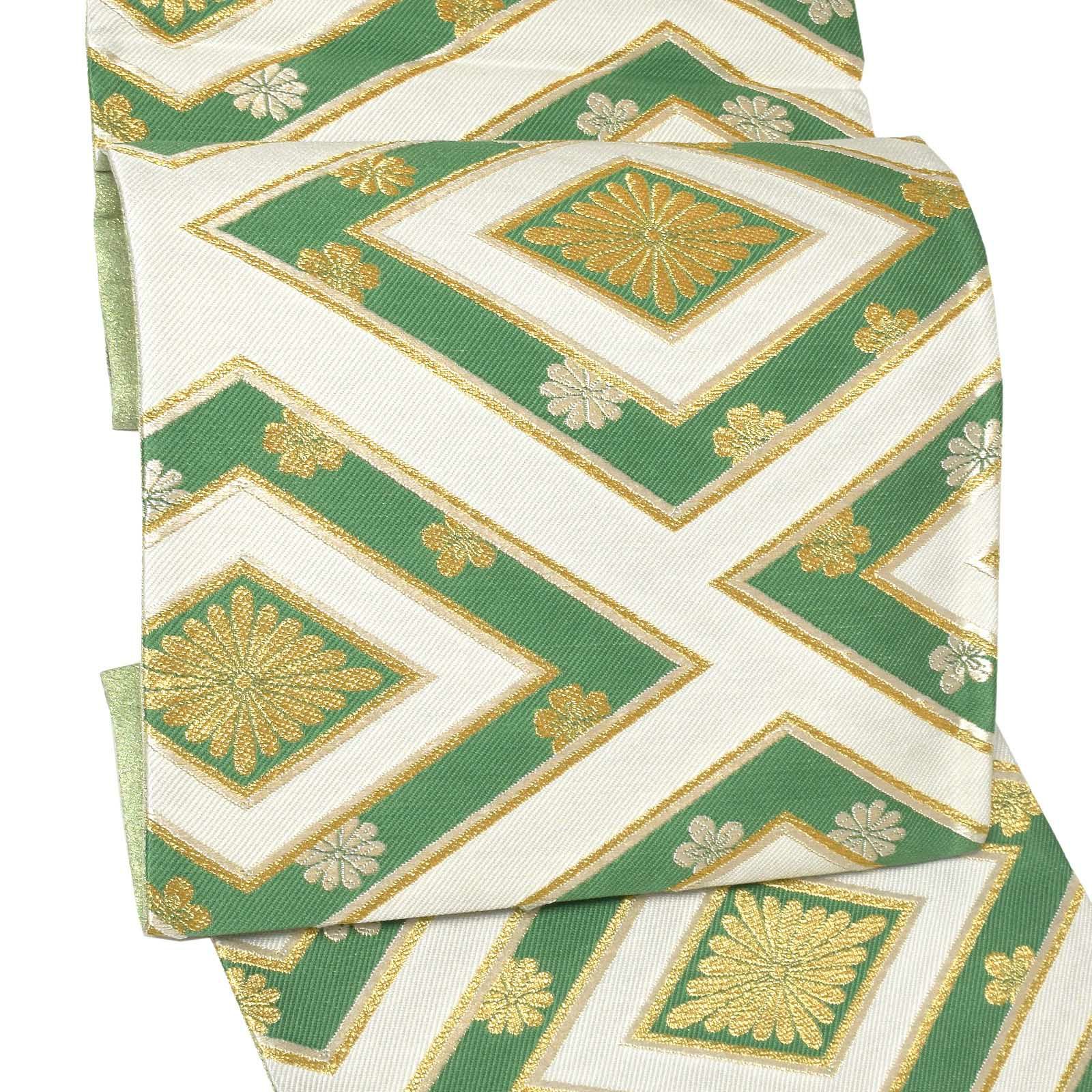 振袖 帯「オレンジゴールド 花七宝」日本製 未仕立て 六通柄 振袖用