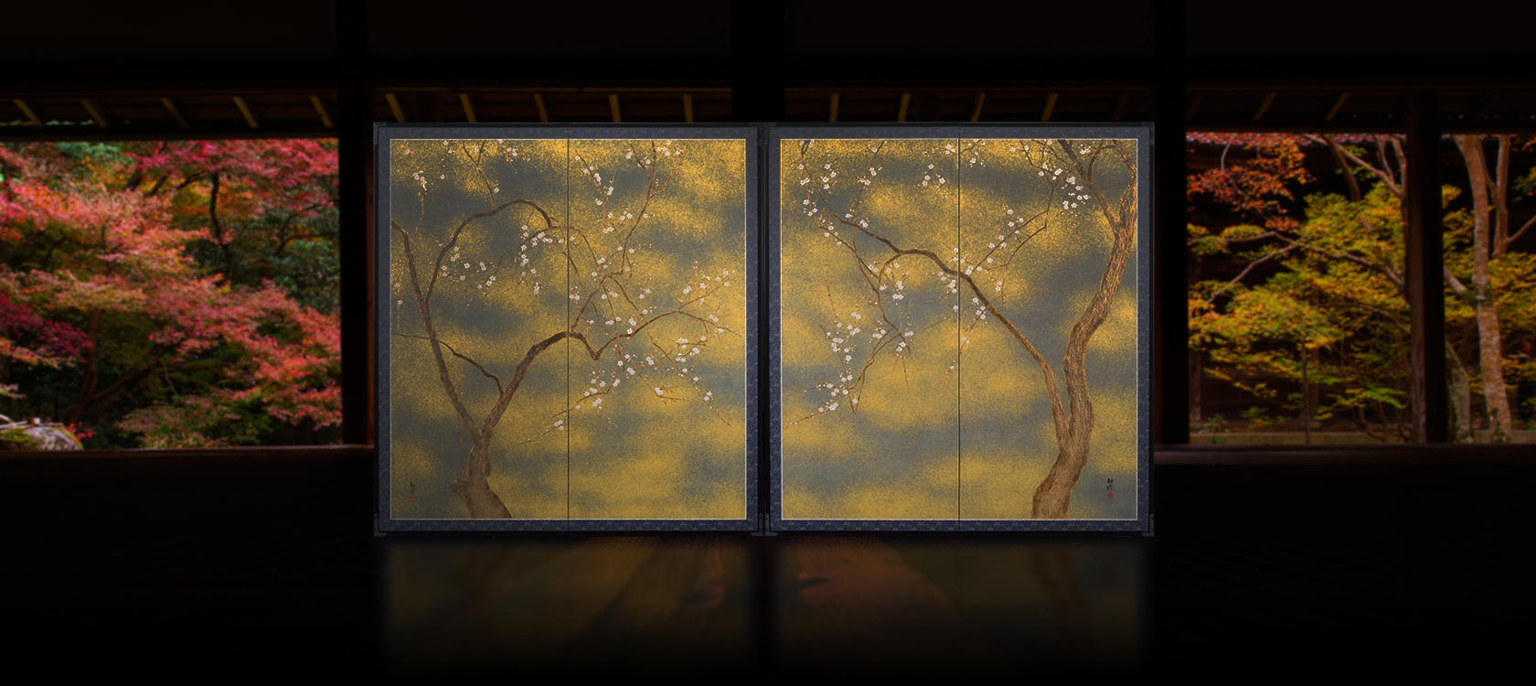 四つ折り屏風 日本画 金箔彩色 『牡丹に梅』 四つ折り屏風 日本画 金箔