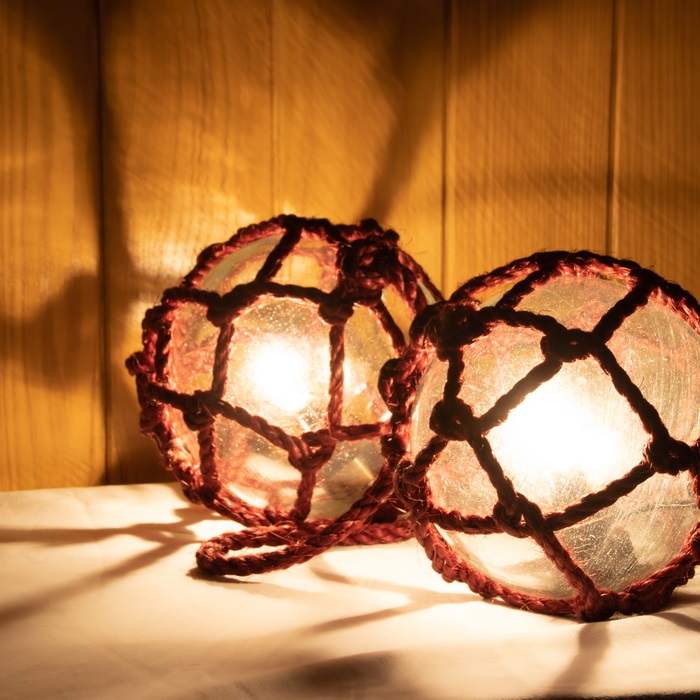 ガラス 浮き球 特大45cm 保護網ひも/オレンジ 漁具オブジェ 硝子製