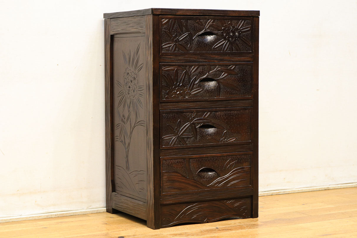 アンティーク軽井沢彫り 箪笥 収納 家具 3段 アンティーク軽井沢彫り