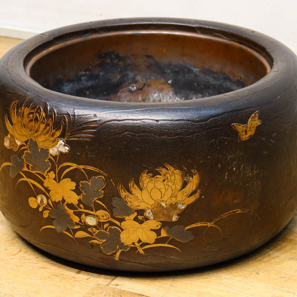 花鳥蒔絵 螺鈿細工 桐火鉢 幅30.7cm 高20cm 金蒔絵 草花【MB69 花鳥