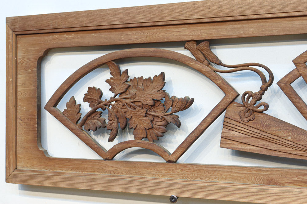 江戸末期一刀彫り高浮彫『人物風景図』 木造彩漆金箔張る 弓欄間 欄間