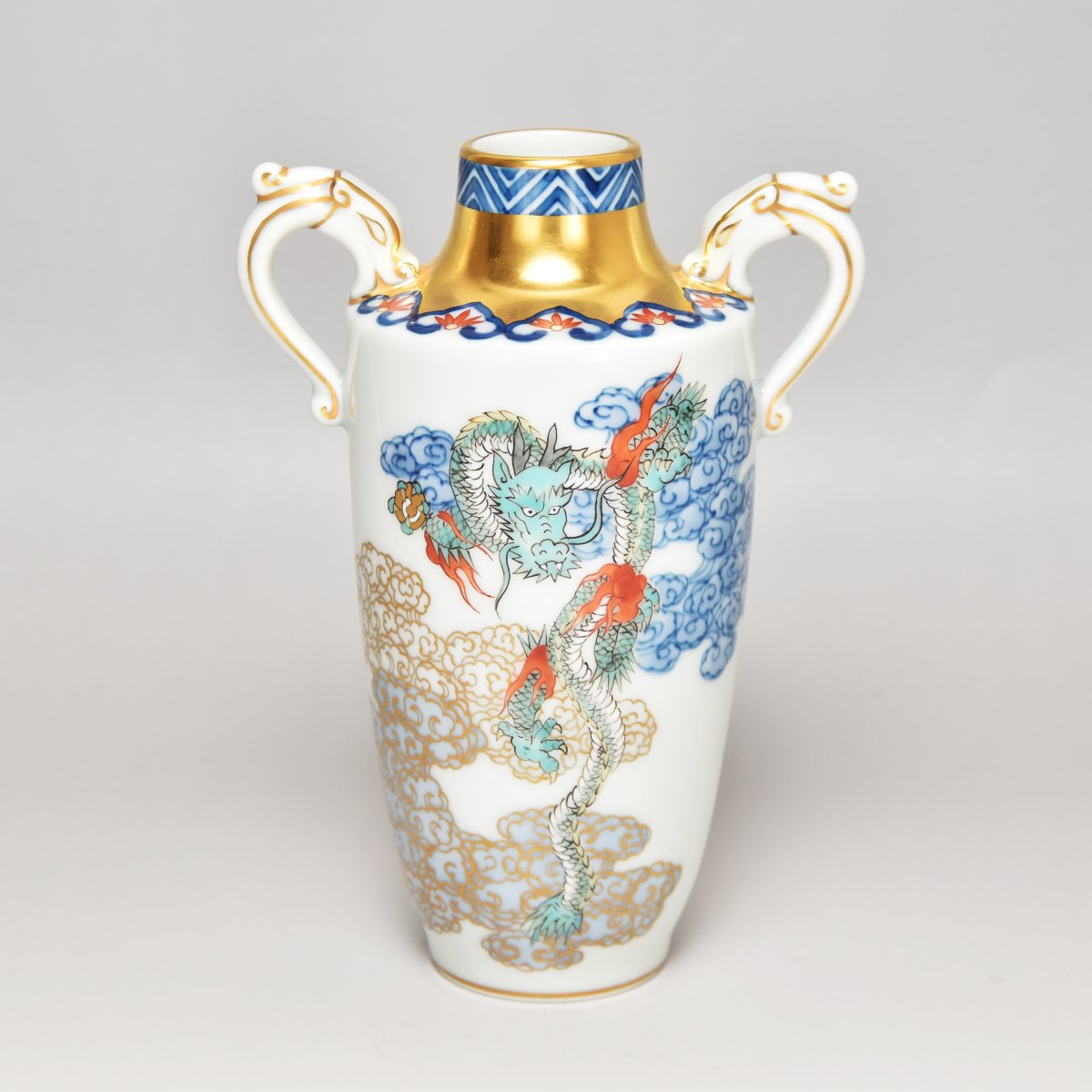 希少 オールド香蘭社 染錦 手描 華鳥七宝紋雲図 花瓶 花生 壷 希少