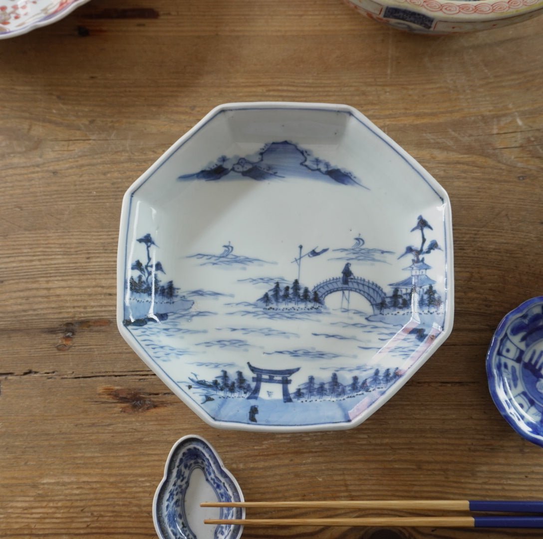 皿 5枚 中皿 染付 線描 染付 銘あり 山水 柳 家屋 古