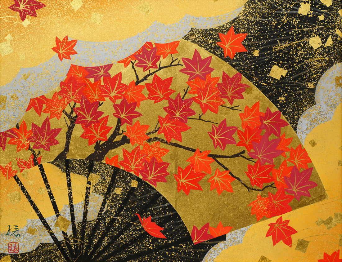 植田環「扇面輝図 紅葉」日本画・F6号 絵画買取・販売の小竹美術