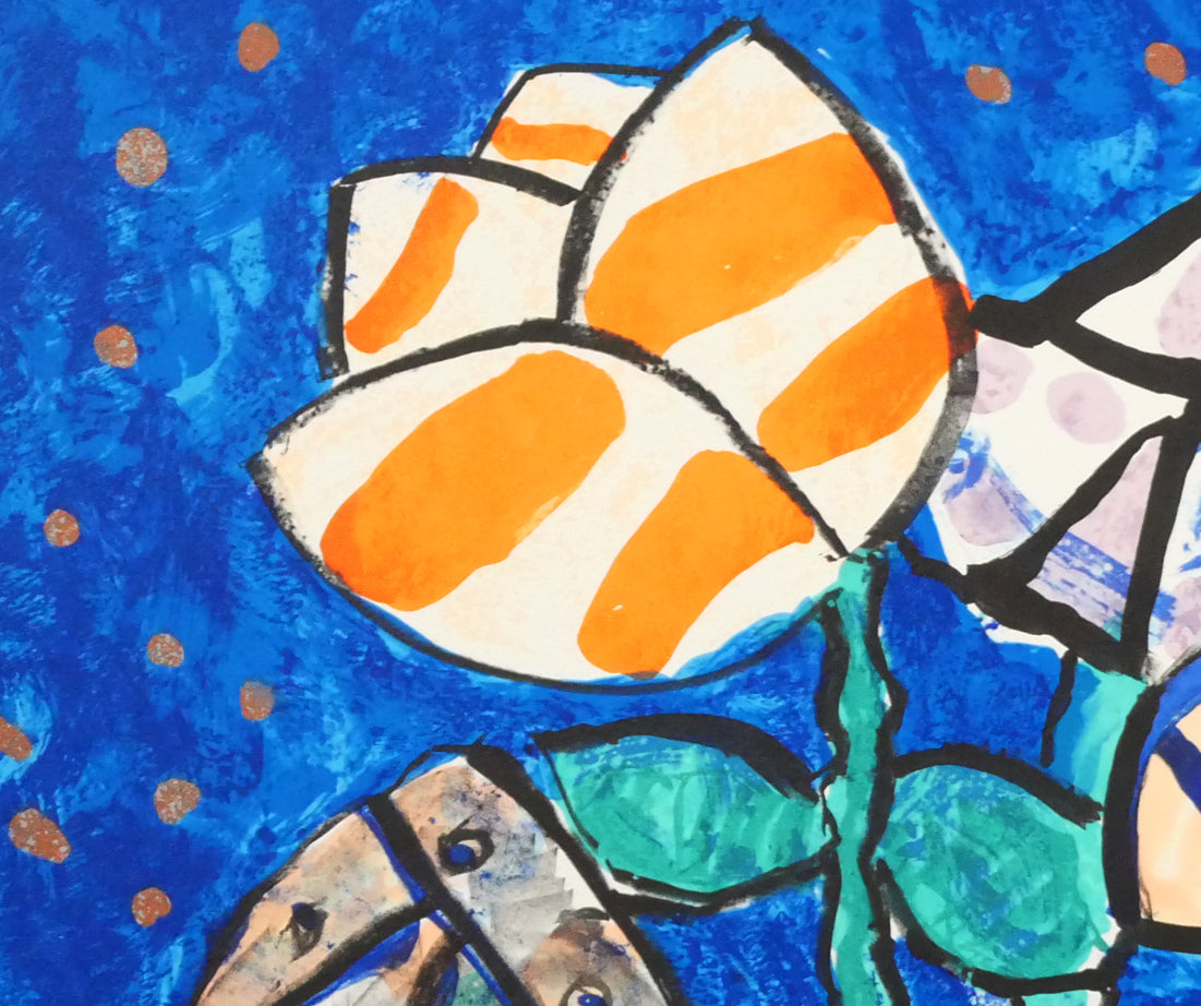 ポール・アイズピリ(Paul AIZPIRI)「青い背景の鳥と花束（極楽鳥