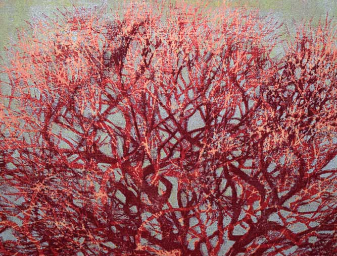 真作保証】星襄一「赤い木」1973年 木版画 直筆サイン 版画 絵画