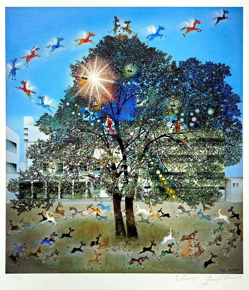 真作□藤城清治 版画 古都の桜と笛吹く少女□絵画 美しき