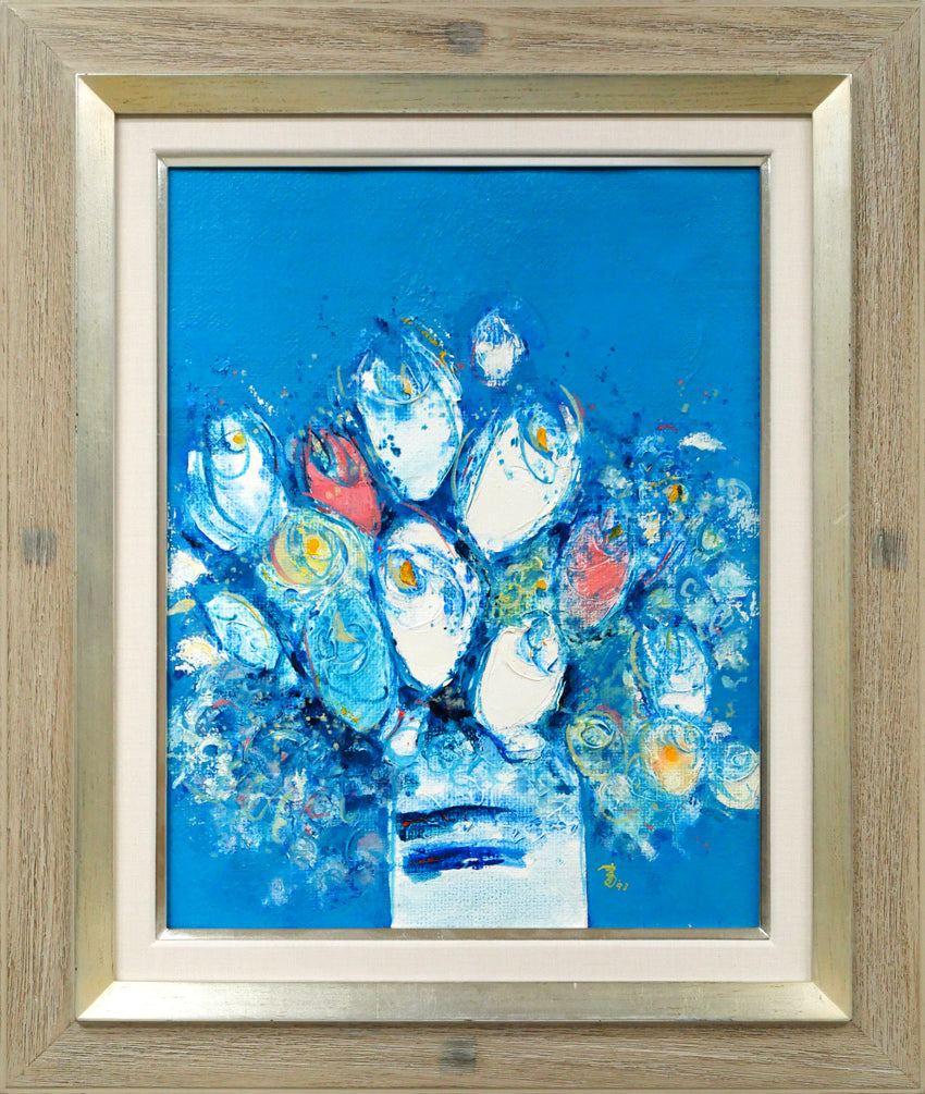 赤い糸と花油絵F8（455×380mm）