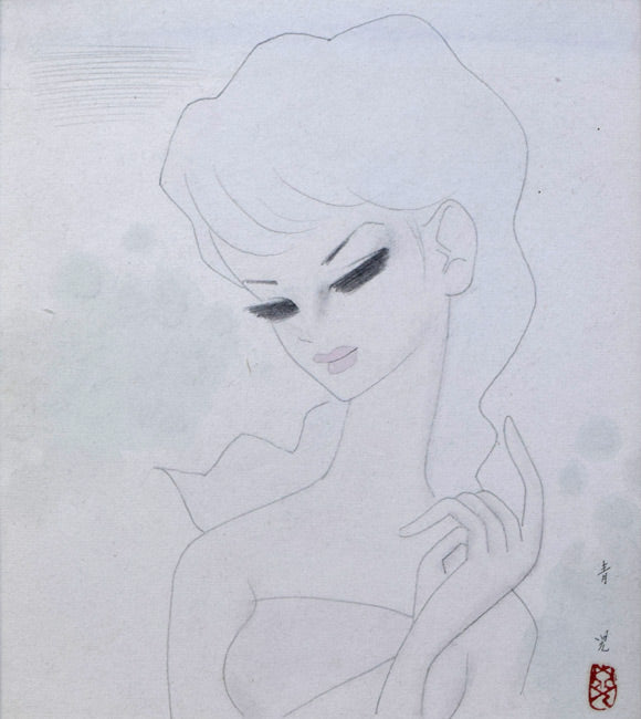 東郷青児」抽象的な女性像の絵画チューリップ