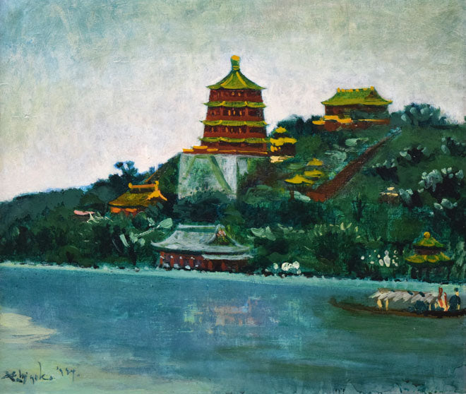 居串佳一「北京萬寿山佛香閣」油絵・F10号 絵画買取・販売の小竹美術