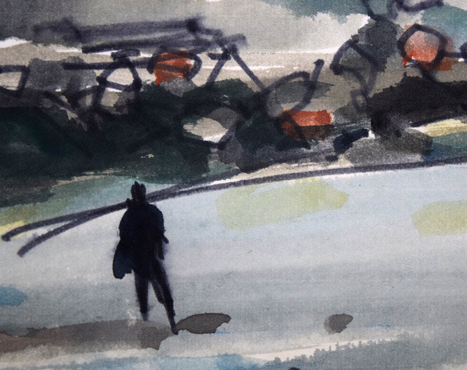 鹿毛正三「漁港風景（苫小牧）」水彩画・色紙 絵画買取・販売の小竹美術