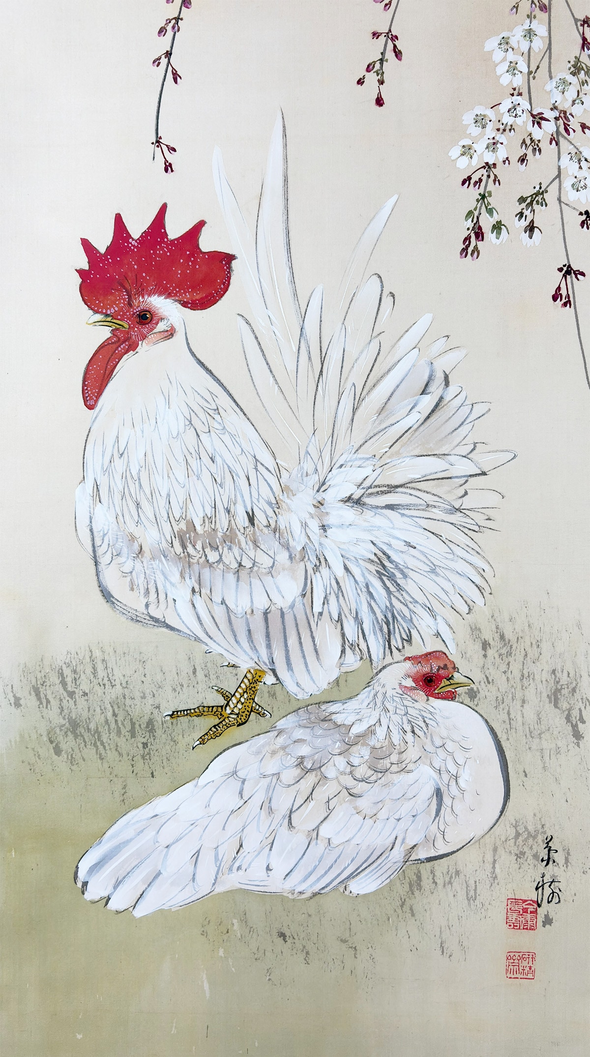 桜花双鶏｜新・古美術 高美堂（こうびどう）｜掛軸販売・通販・買取