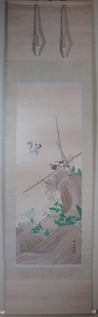 菜花雲雀図】深田直城 2598 菜の花ひばり 共箱掛け軸肉筆