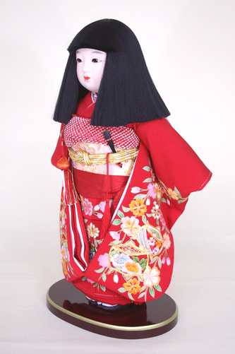 市松人形着物 大正縮緬スミレ色 扇に牡丹 帯・髪飾りセットと長襦袢