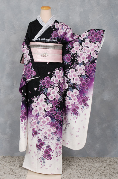 成人式各種式典イベントに黒紫花ピンク牡丹百合桜文様振袖単品、セット