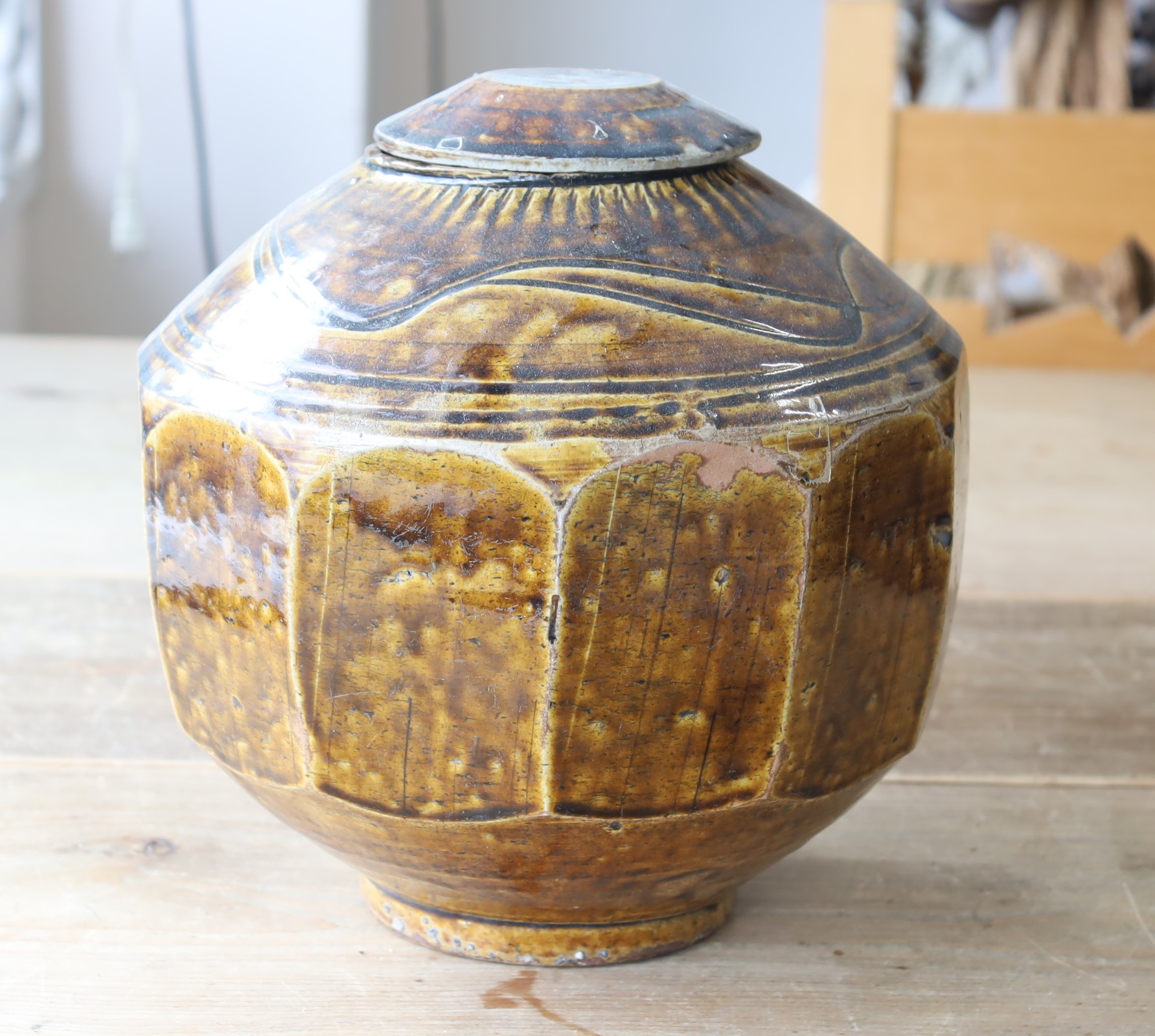 古代 李朝 飴釉丸壷 幅約10㎝ 東Y6-1107①タコサ 古代 李朝 飴釉丸壷