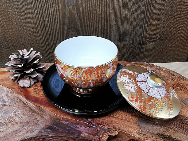 九谷焼 古九谷 八郎手赤絵金彩 花鳥人物文 盃 ぐい呑 3客 C R8776