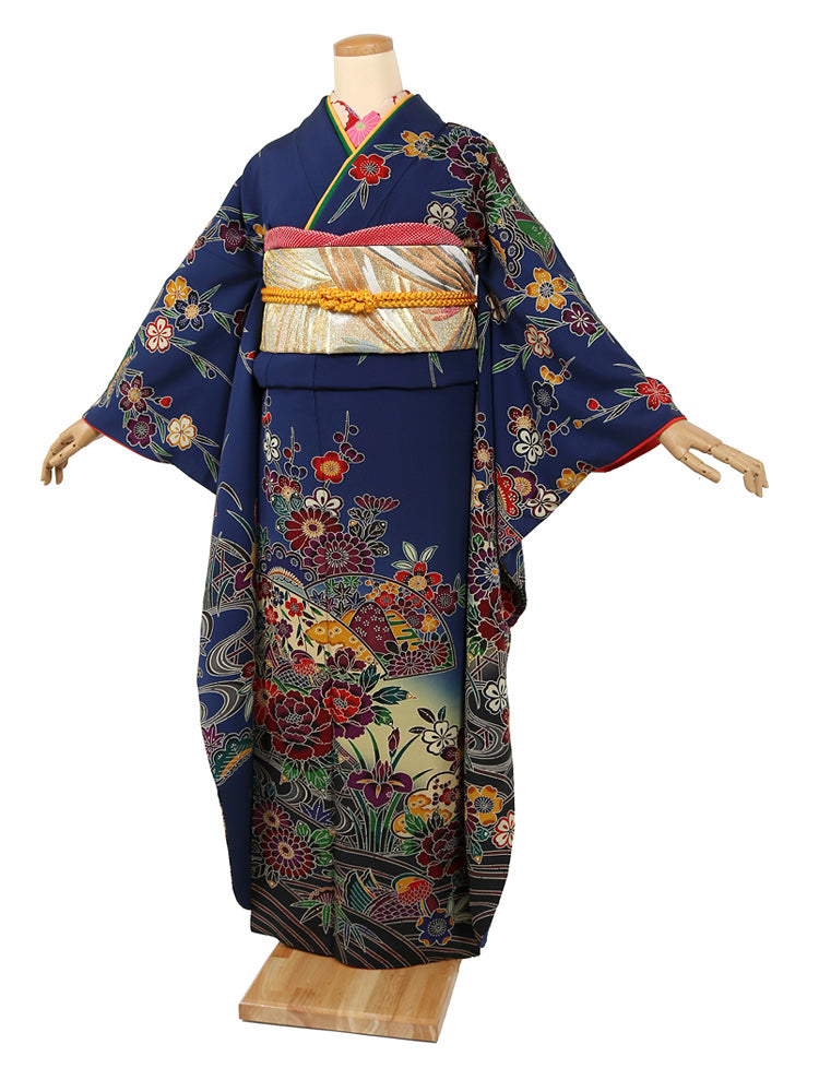 振袖 身長157-172cm 青 bl-045 振袖 レンタル フルセット 紅型 ブルー