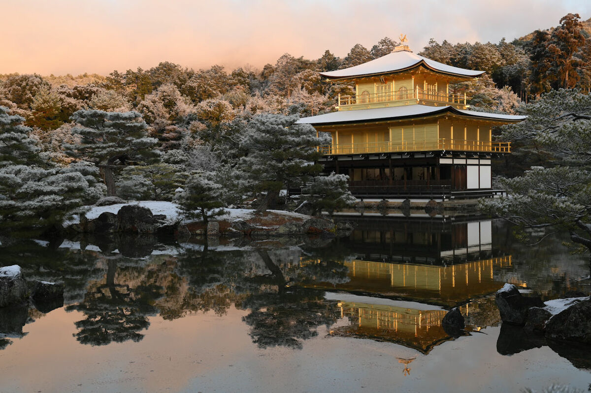 京都・金閣寺、今冬初めて雪化粧 際立つ黄金色、幻想的な姿に｜京都