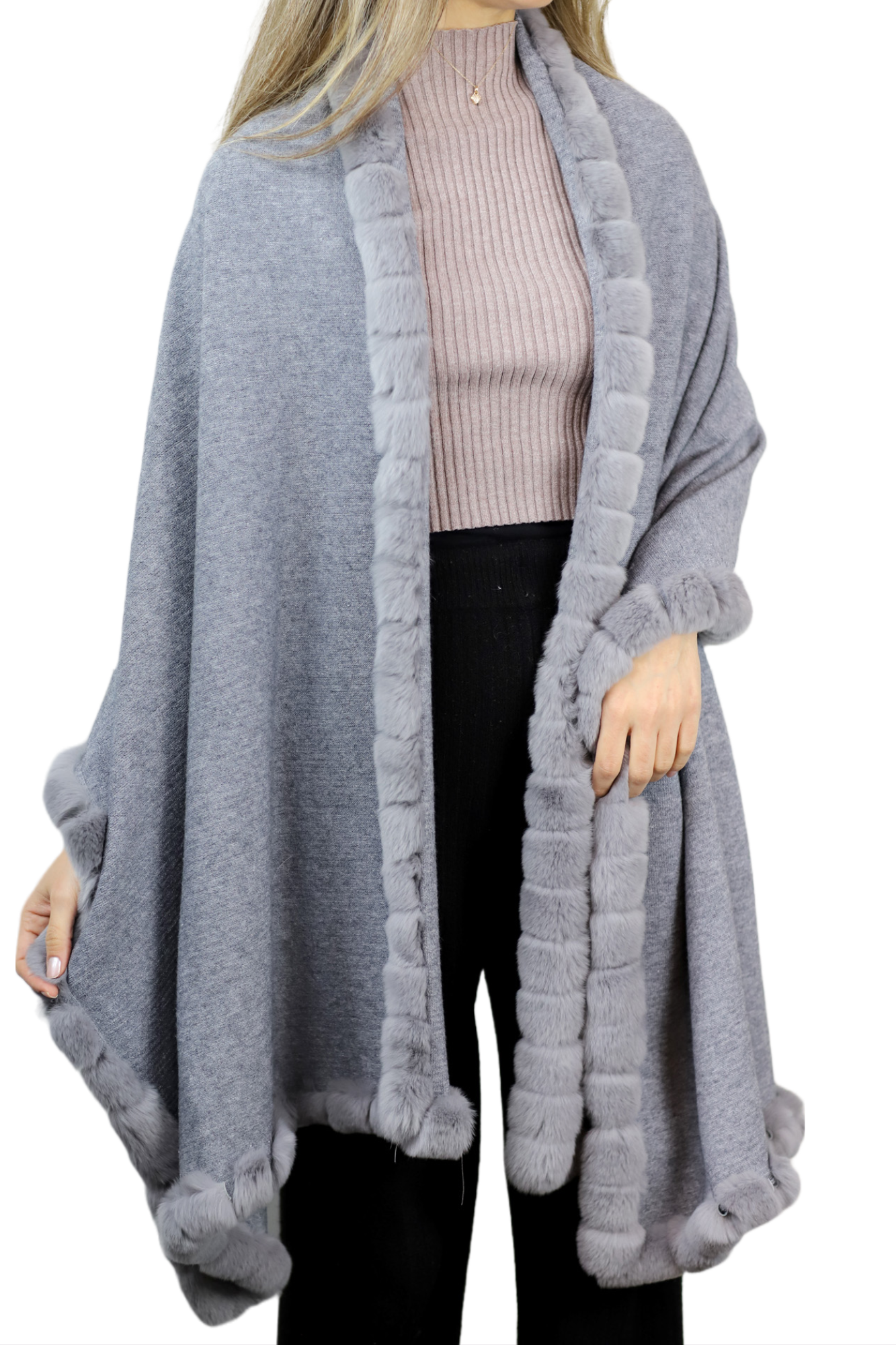 la fiorentina La Fiorentina Wrap with Rex Fur Trim - Grey Outlet