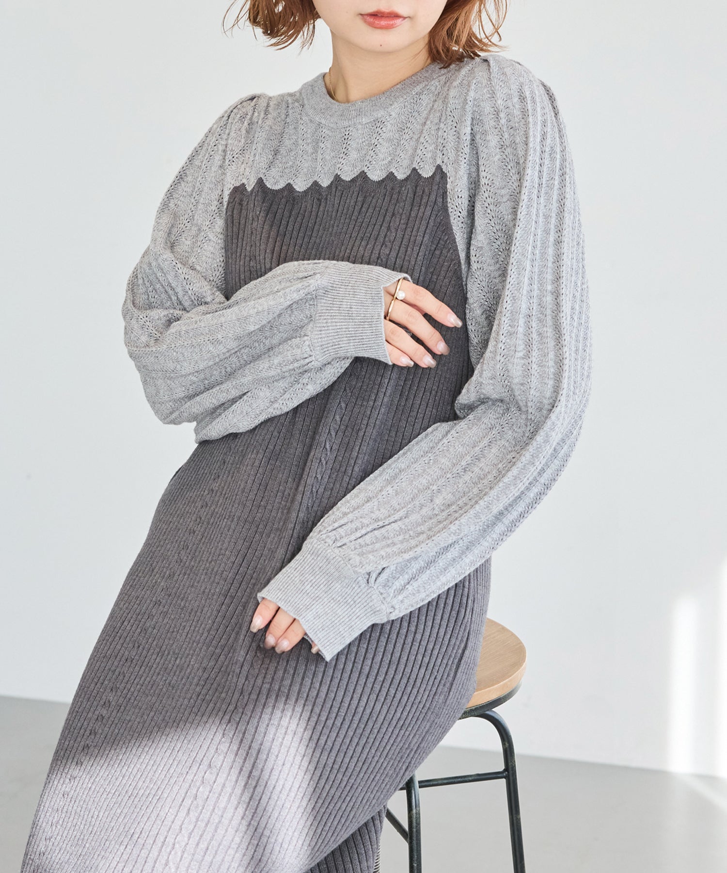 洗える】透かし編み切替ニットワンピース | ラビアンジェ-⼤きいサイズ