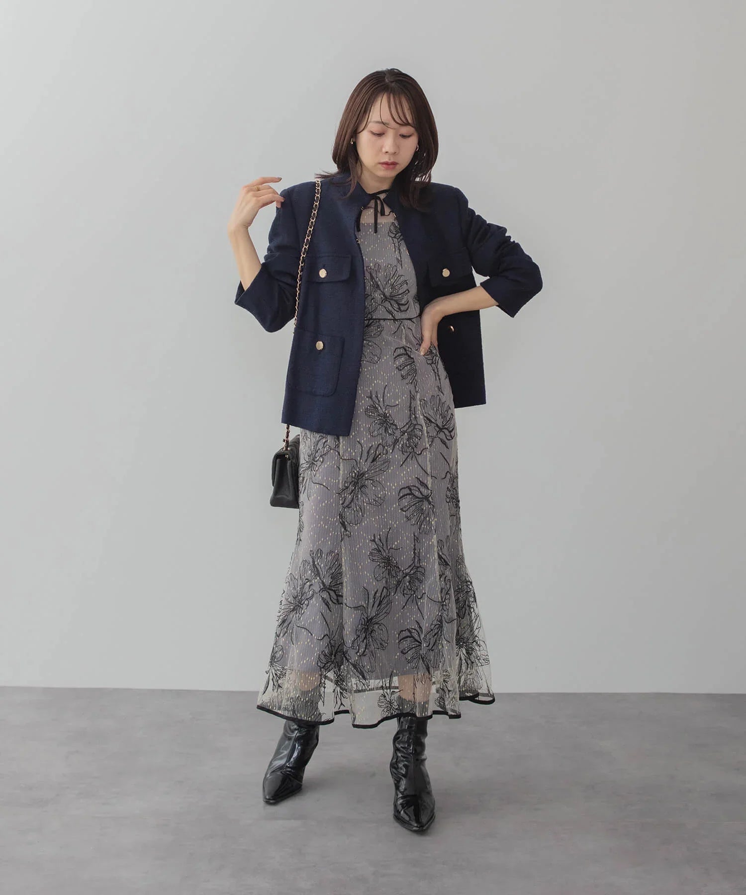 当日発送】花柄リボンパフスリーブマーメイドドレス/パーティードレス