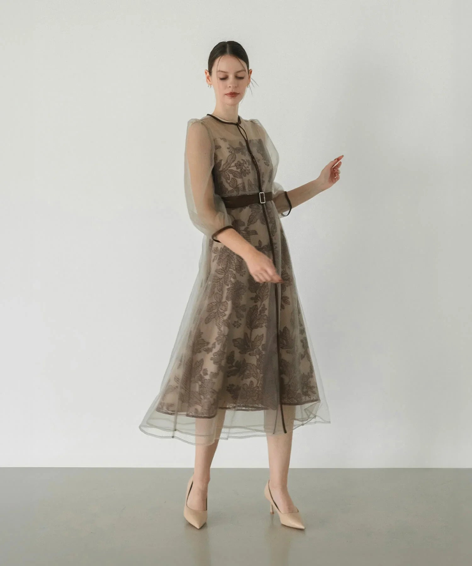 LEJA】チュールロングスリーブリーフIラインドレスワンピース グレー S