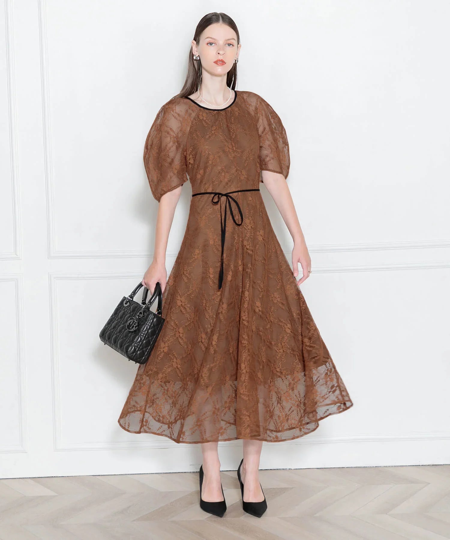 当日発送】パフスリーブウエストリボンレースワンピース/パーティー