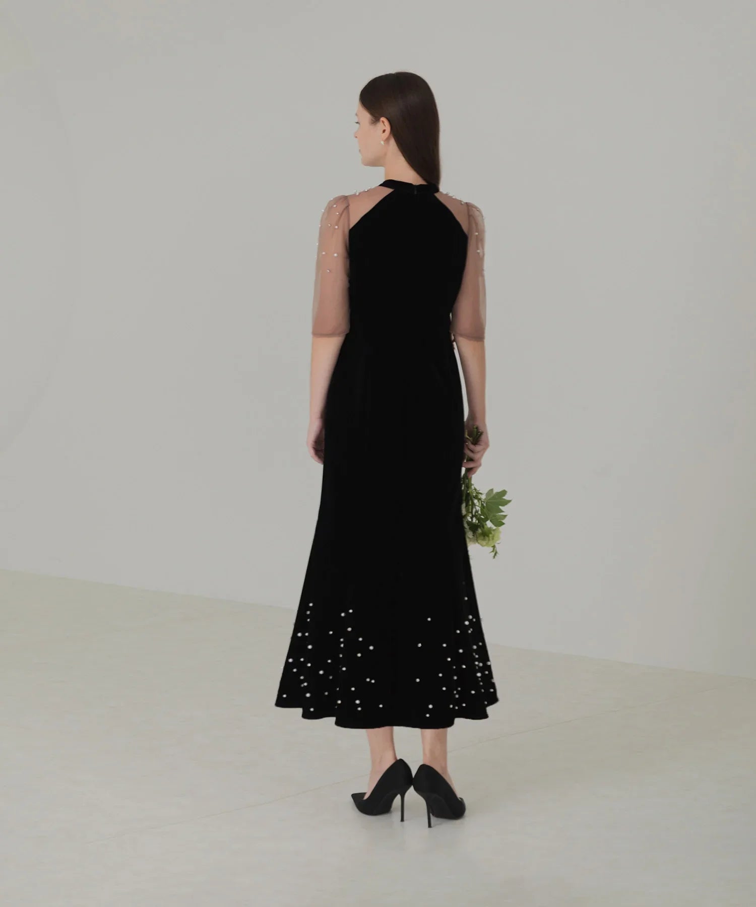 当日発送】シアースリーブパールビジューベロアマーメイドドレス