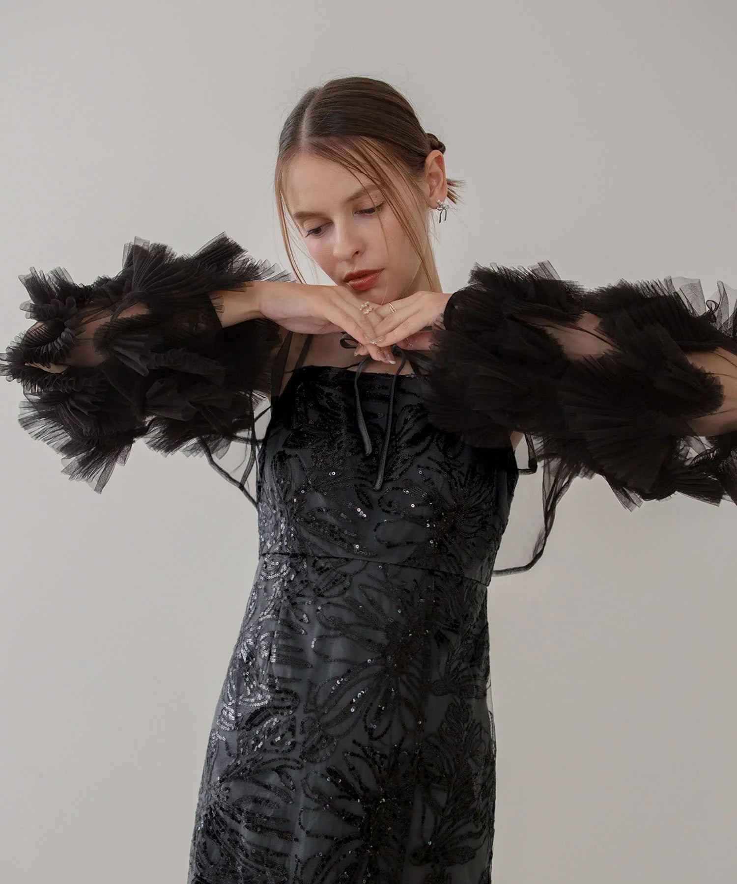 一部当日発送】フリルチュールスリーブリボンIラインワンピースドレス