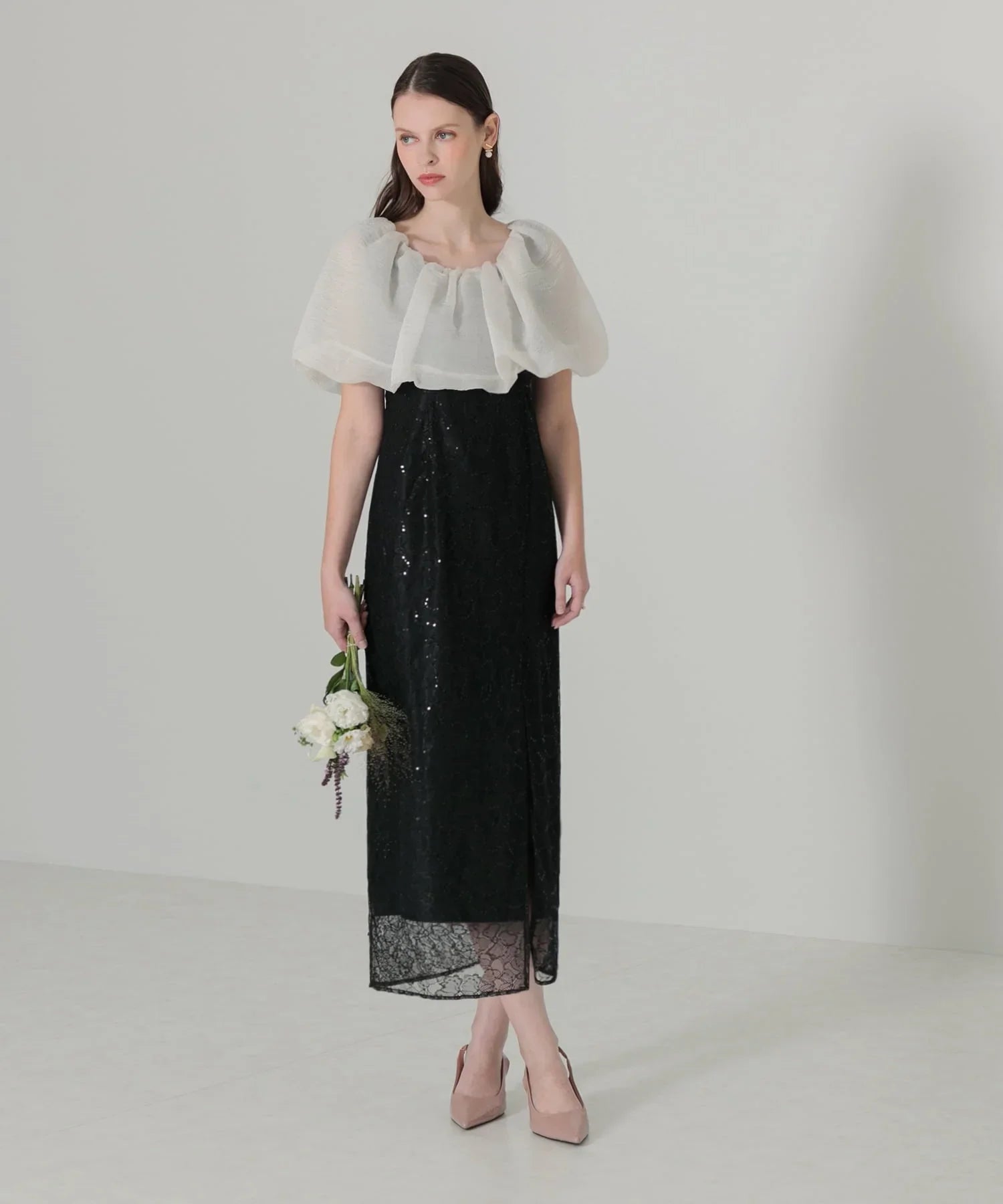 当日発送】2WAYオフショルダーパフスリーブIラインワンピース結婚式ドレス