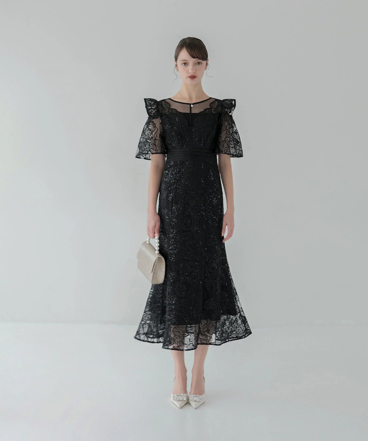 一部当日発送】フラワーレースシアーフリルマーメイドワンピース結婚式