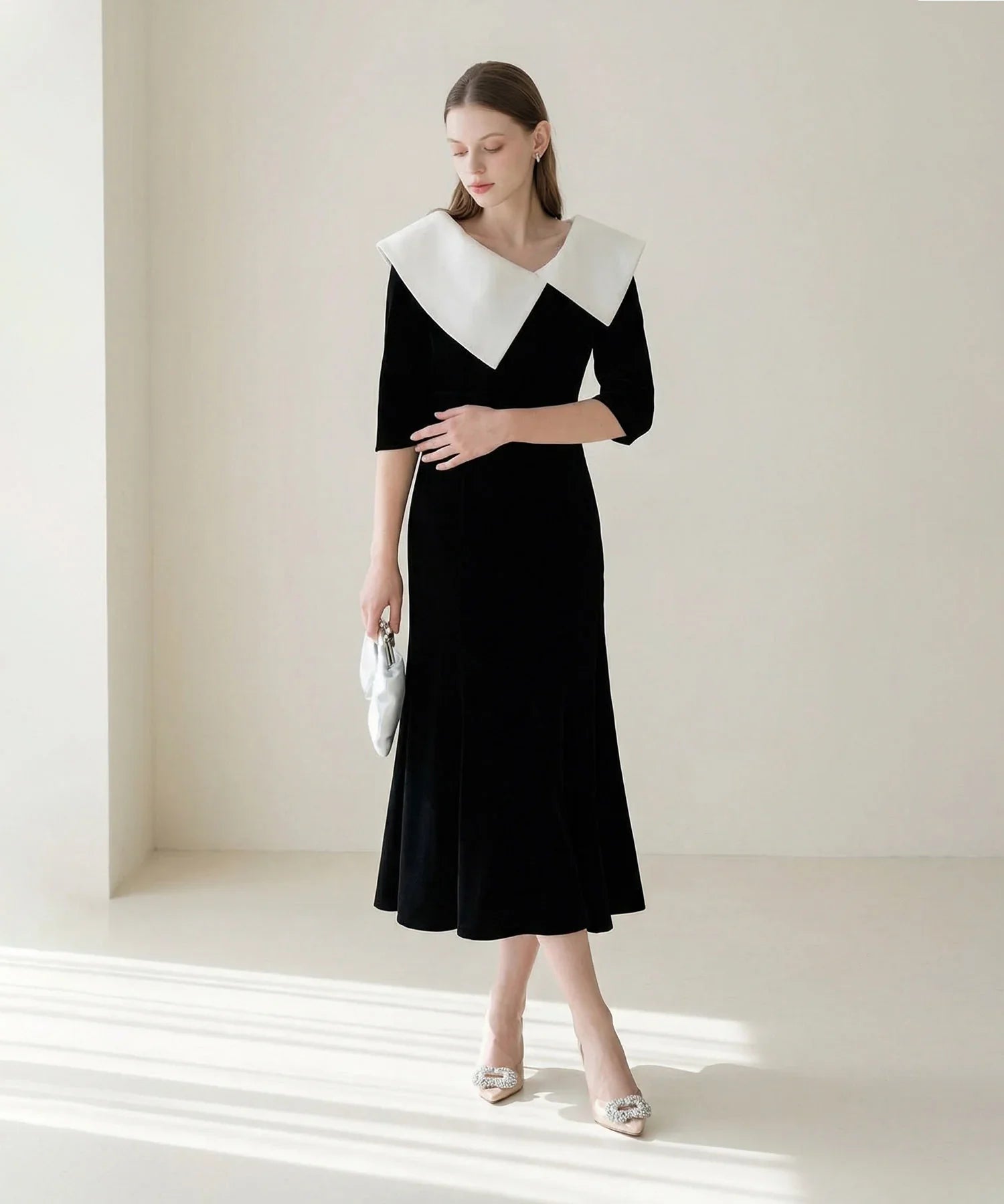 当日発送】アシンメトリービッグカラーベロアマーメイドドレス