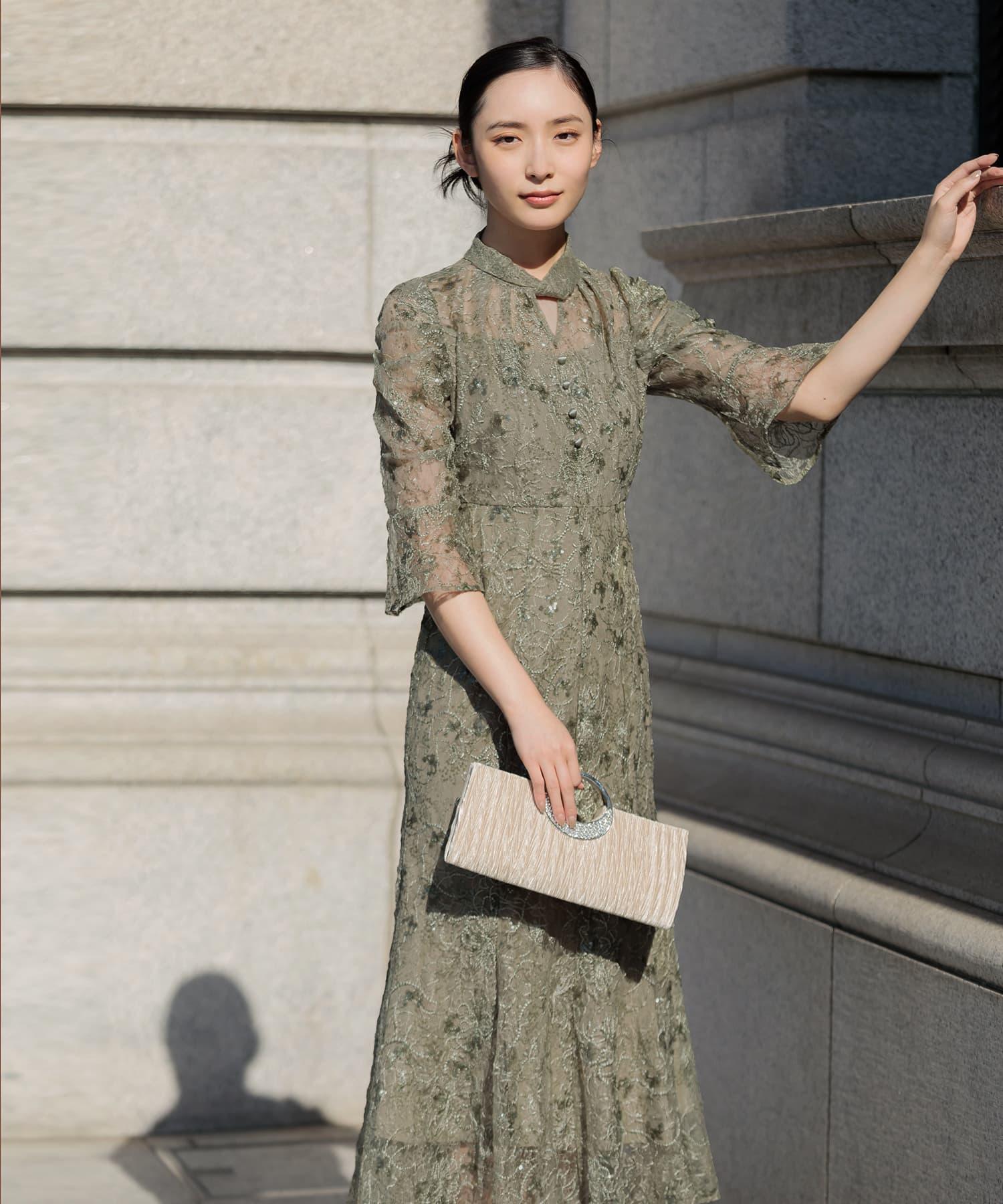 Leja】花柄レースカラースパンコール刺繍Aラインフレアドレス