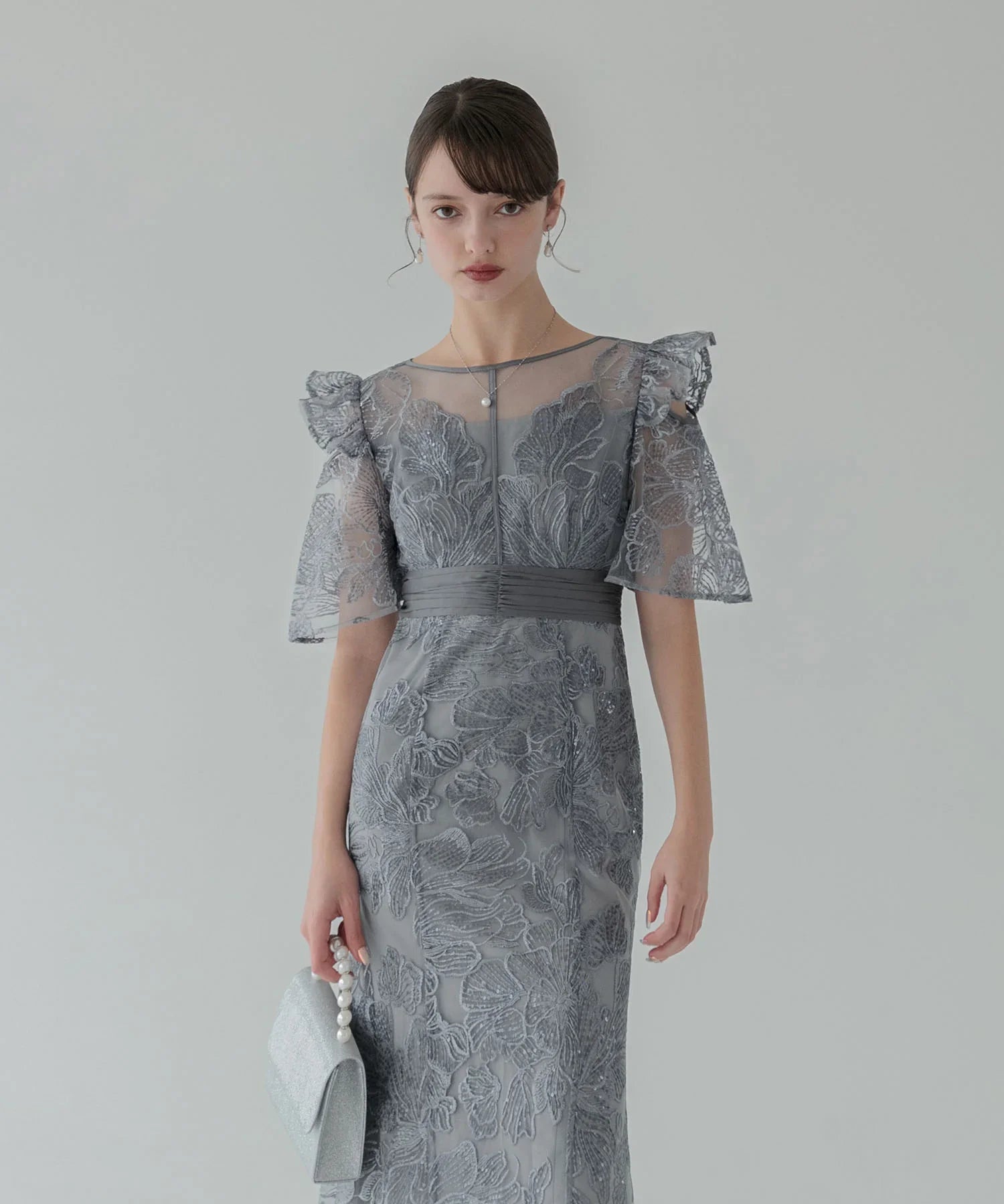 一部当日発送】フラワーレースシアーフリルマーメイドワンピース結婚式